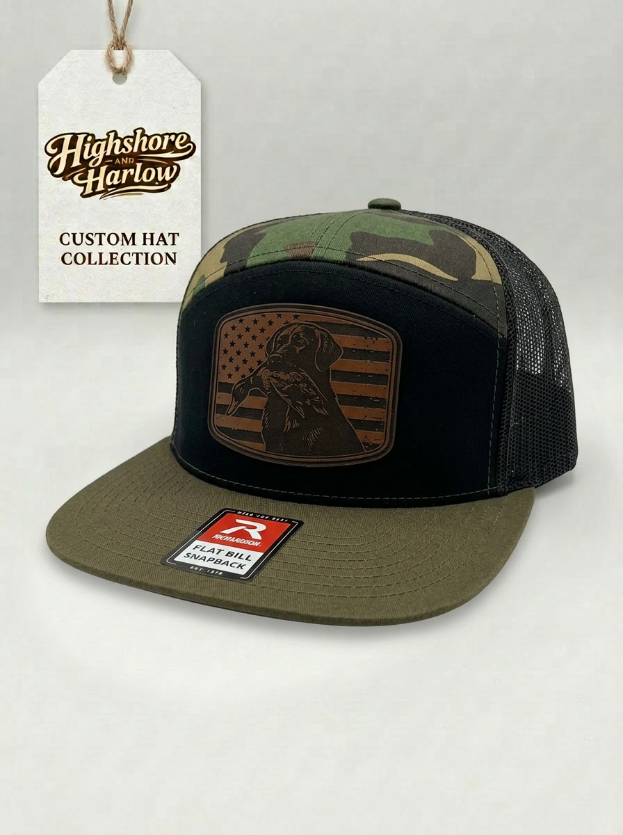 The "Hunting Lab & Flag" Premium Faux Leather Patch Hat - Richardson 168 in Loden/Black/Camo