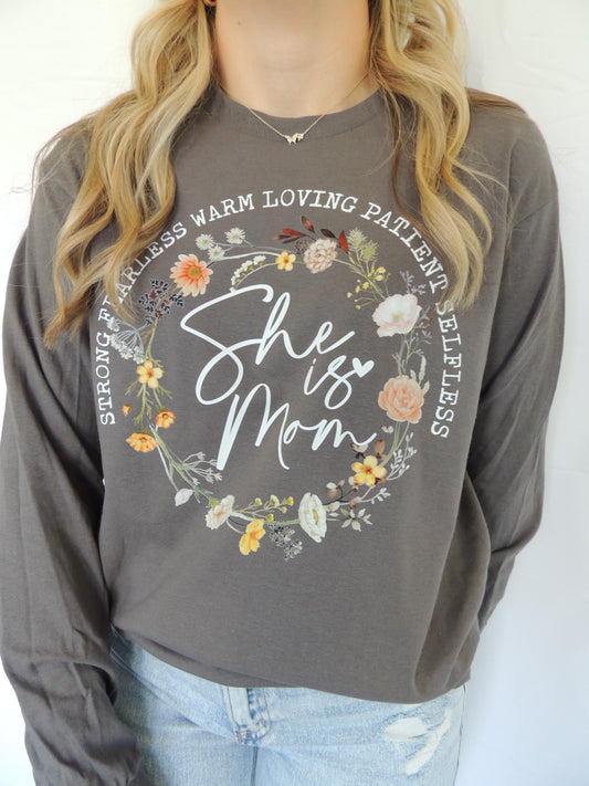 Floral She Is Mom - Long Sleeve Tee in Charcoal