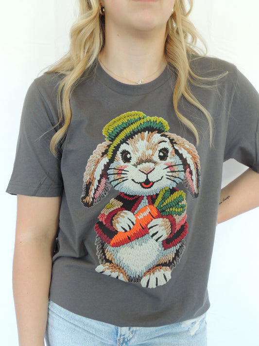 Faux Chenille Vintage Bunny - Short Sleeve Tee in Asphalt