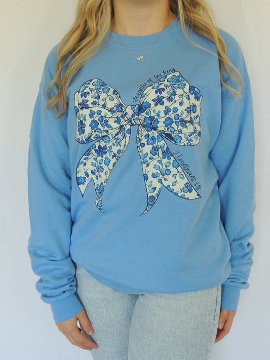Daughter Of The King Blue Floral Bow - Crew Neck in Carolina Blue