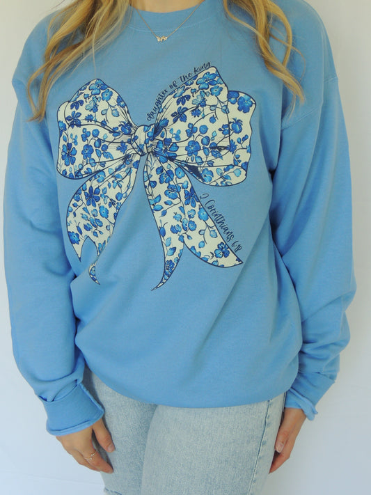 Daughter Of The King Blue Floral Bow - Crew Neck in Carolina Blue