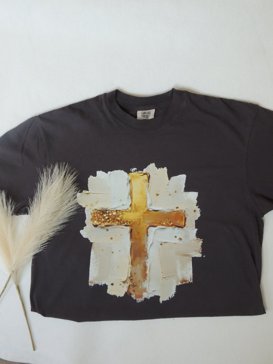 Faux Painted Gold Cross - Short Sleeve Tee in Graphite