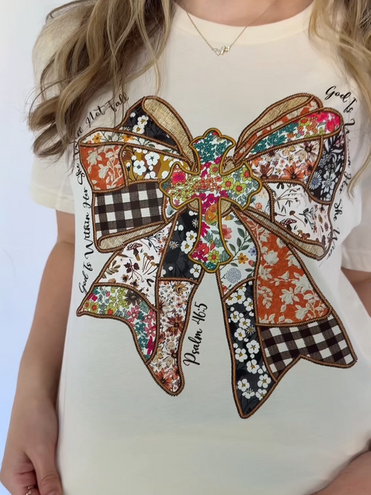 God is Within Her She Will Not Fall Faux Embroidery Patchwork Bow - Short Sleeve Tee in Natural