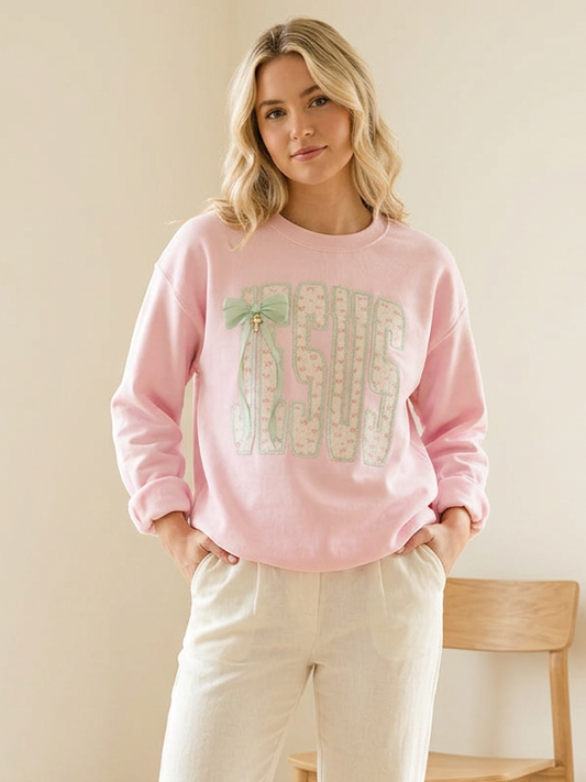 Bow Pattern Jesus - Crew Neck in Light Pink