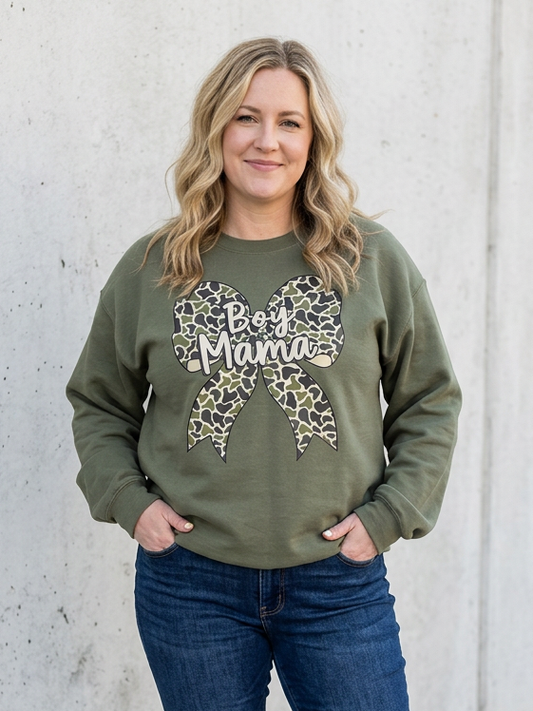 Boy Mama Camo Bow - Crew Neck in Military Green