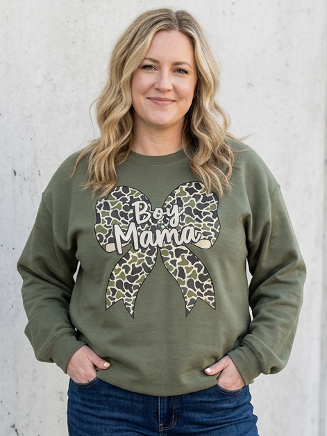 Boy Mama Camo Bow - Crew Neck in Military Green