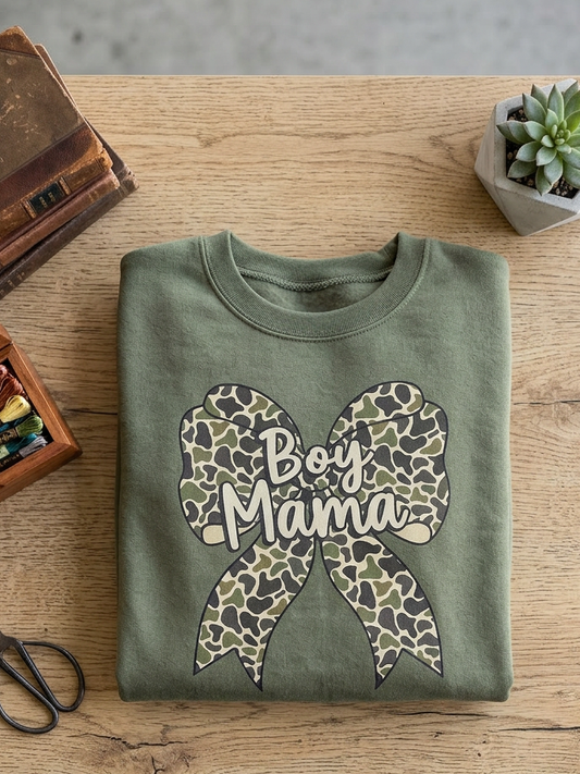 Boy Mama Camo Bow - Crew Neck in Military Green