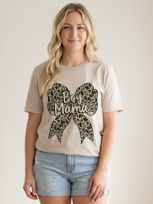 Boy Mama Camo Bow - Short Sleeve Tee in Dust