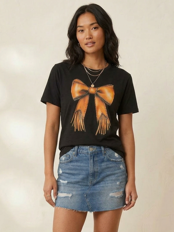Cowgirl Coquette Bow Western - Short Sleeve Tee in Black
