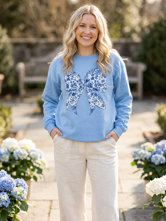 Daughter Of The King Blue Floral Bow - Crew Neck in Carolina Blue