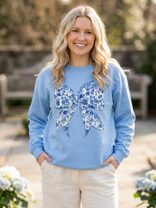 Daughter Of The King Blue Floral Bow - Crew Neck in Carolina Blue