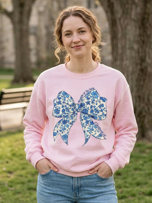 Daughter Of The King Blue Floral Bow - Crew Neck in Light Pink