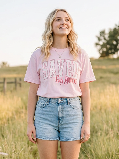 Distressed Saved by Grace - Short Sleeve Tee in Blossom