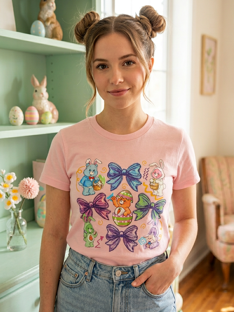 Easter Bows & Bears - Short Sleeve Tee in Pink