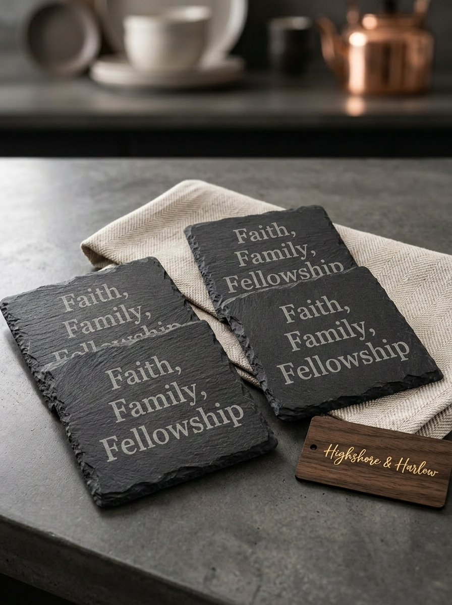 Faith, Family, Fellowship - 4 Piece Slate Coaster Set