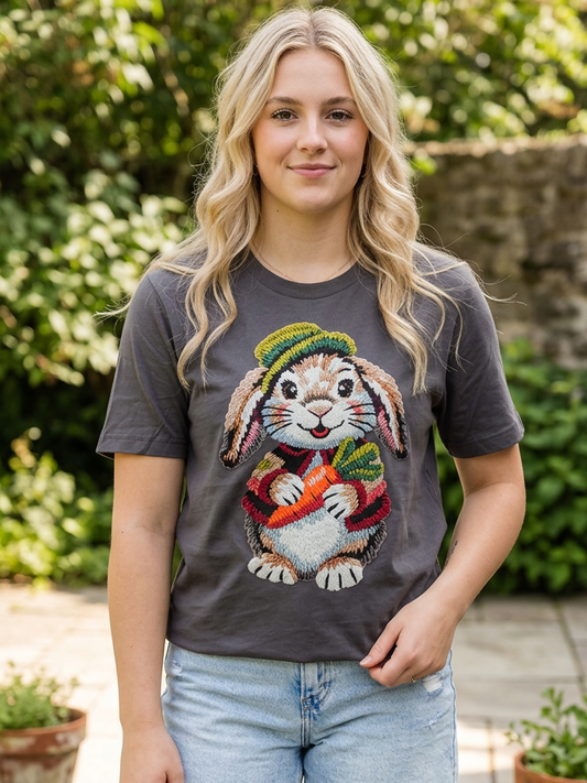 Faux Chenille Vintage Bunny - Short Sleeve Tee in Asphalt