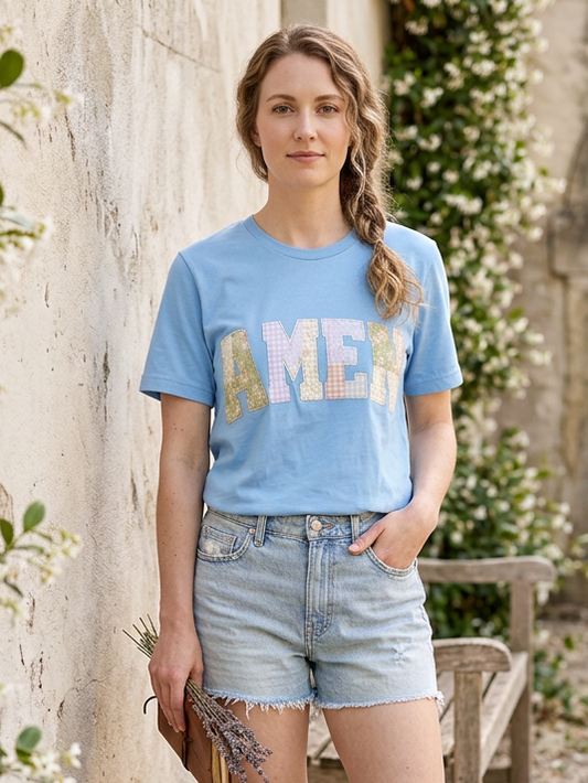 Faux Fabric Patchwork Amen - Short Sleeve Tee in Caroline Blue