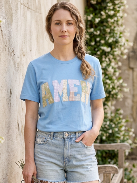 Faux Fabric Patchwork Amen - Short Sleeve Tee in Caroline Blue
