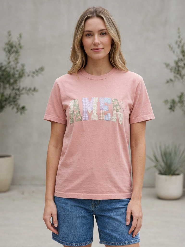 Faux Fabric Patchwork Amen - Short Sleeve Tee in Peachy
