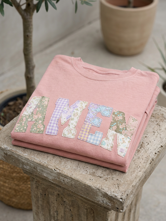 Faux Fabric Patchwork Amen - Short Sleeve Tee in Peachy