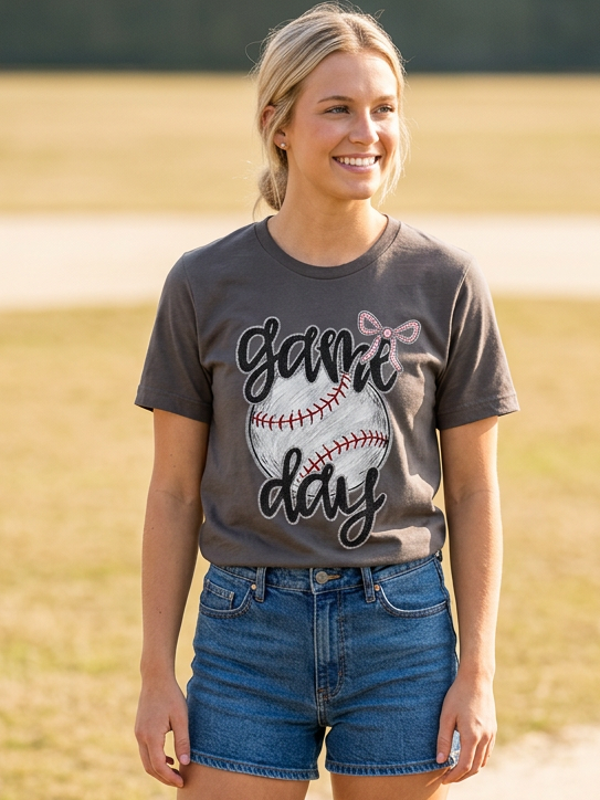 Faux Glitter Baseball Game Day - Short Sleeve Tee in Asphalt