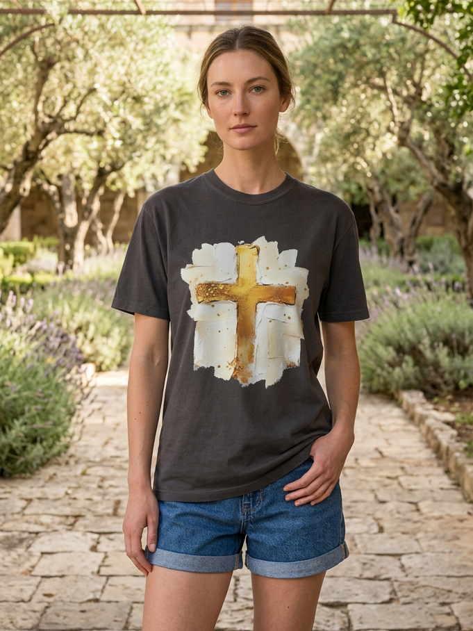 Faux Painted Gold Cross - Short Sleeve Tee in Graphite