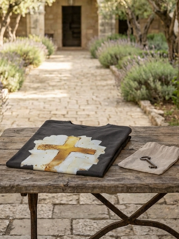 Faux Painted Gold Cross - Short Sleeve Tee in Graphite