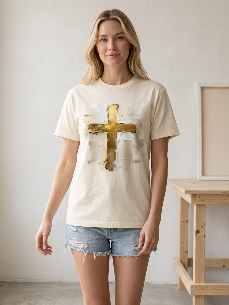 Faux Painted Gold Cross - Short Sleeve Tee in Ivory
