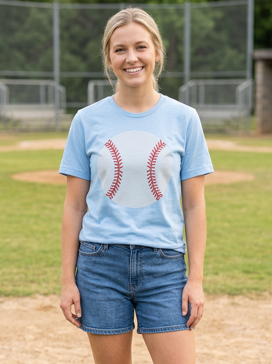 Faux Rhinestone Baseball - Short Sleeve Tee in Carolina Blue