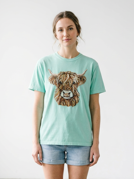 Faux Sequin Highland Cow - Short Sleeve Tee in Chalky Mint