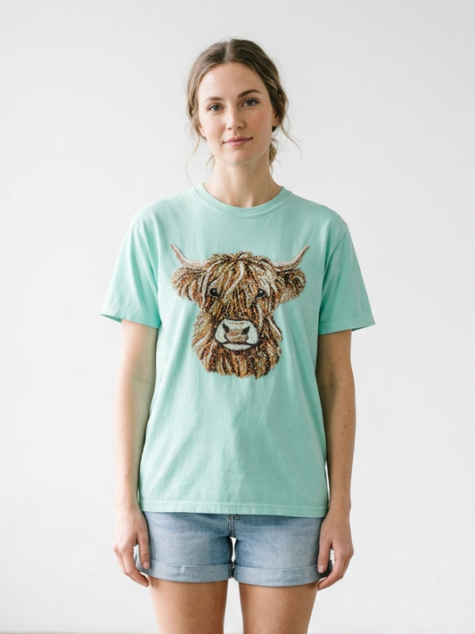 Faux Sequin Highland Cow - Short Sleeve Tee in Chalky Mint