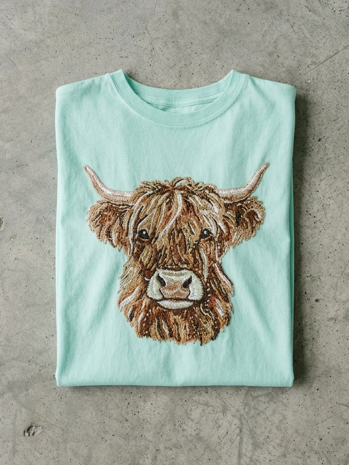 Faux Sequin Highland Cow - Short Sleeve Tee in Chalky Mint