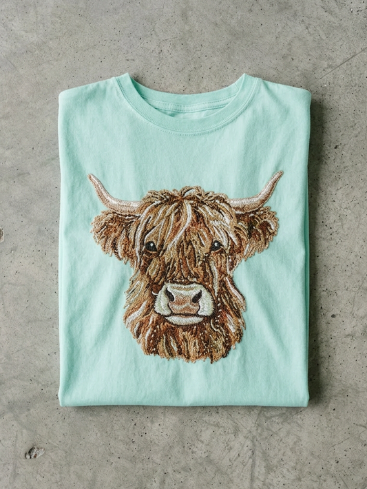 Faux Sequin Highland Cow - Short Sleeve Tee in Chalky Mint