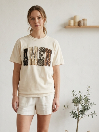 Faux Yarn Amen Religious - Short Sleeve Tee in Ivory