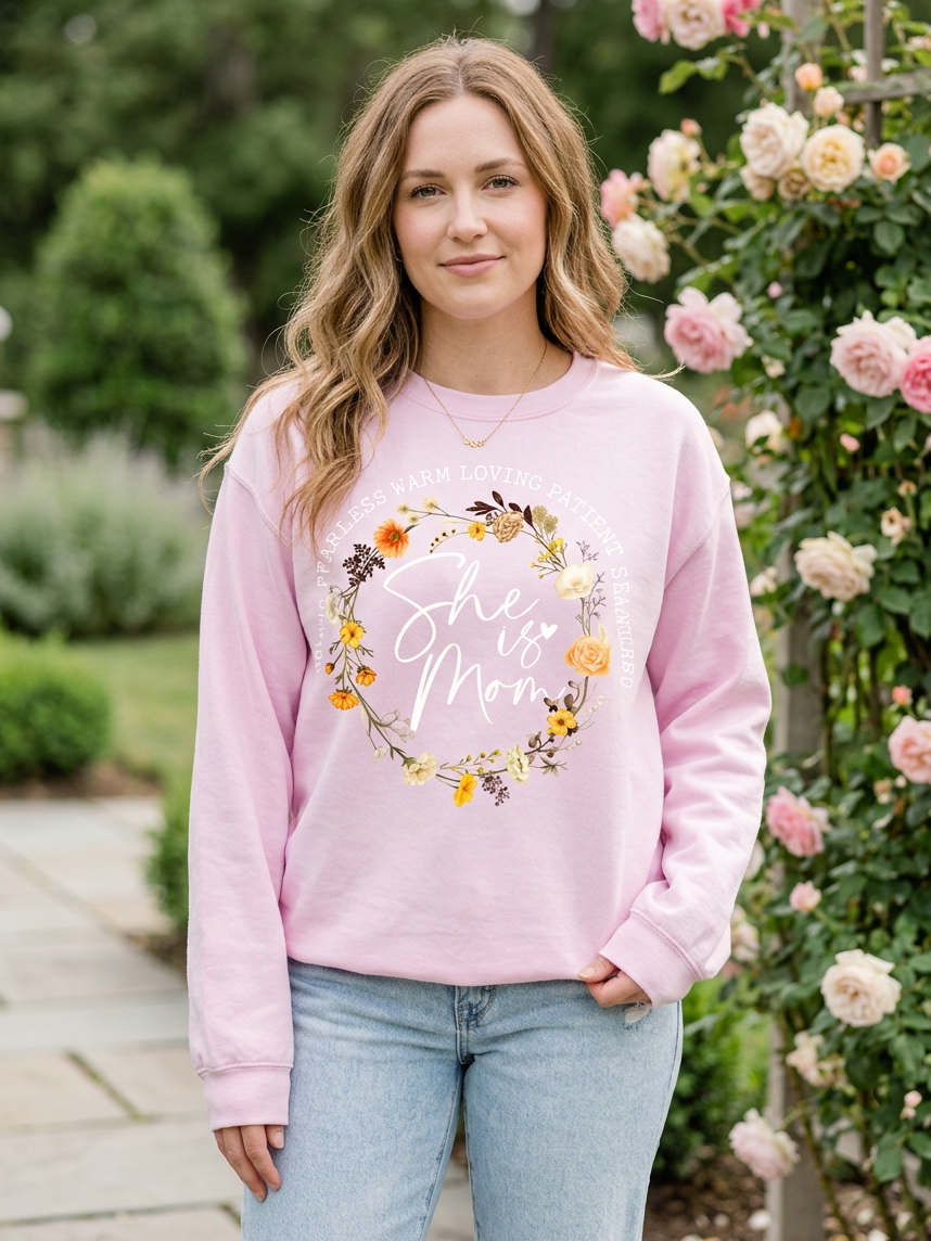 Floral She Is Mom - Crew Neck in Light Pink