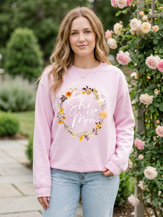 Floral She Is Mom - Crew Neck in Light Pink