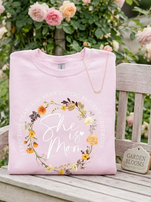 Floral She Is Mom - Crew Neck in Light Pink