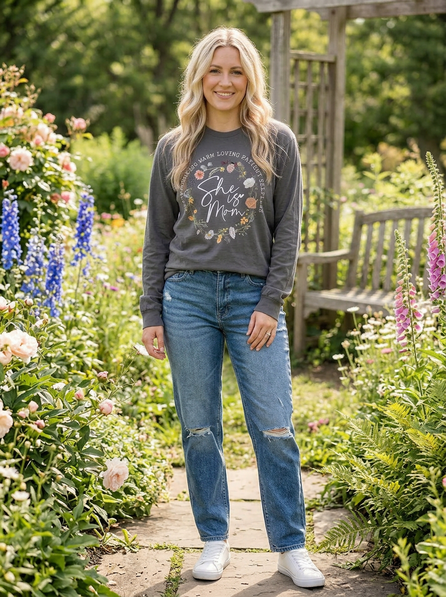 Floral She Is Mom - Long Sleeve Tee in Charcoal