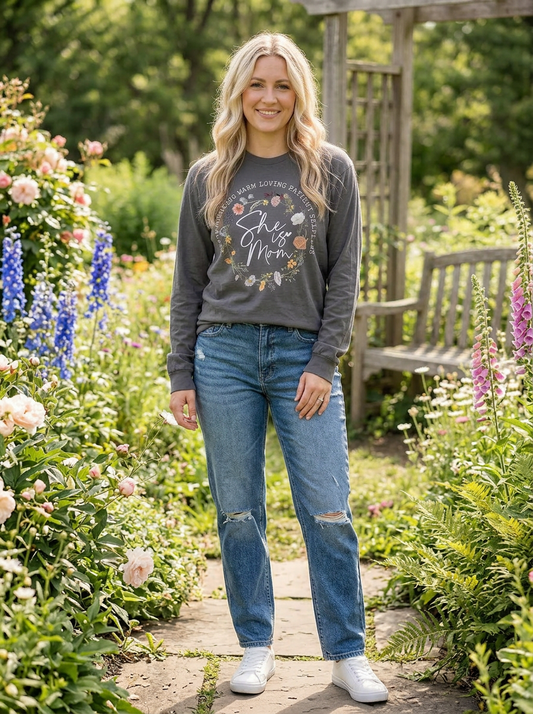 Floral She Is Mom - Long Sleeve Tee in Charcoal