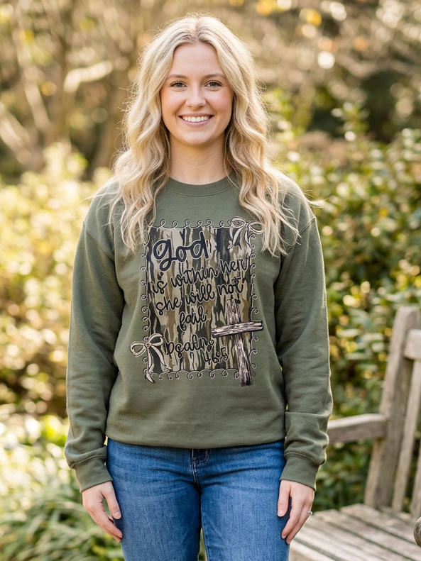 God Is Within Her Camo - Crew Neck In Military Green