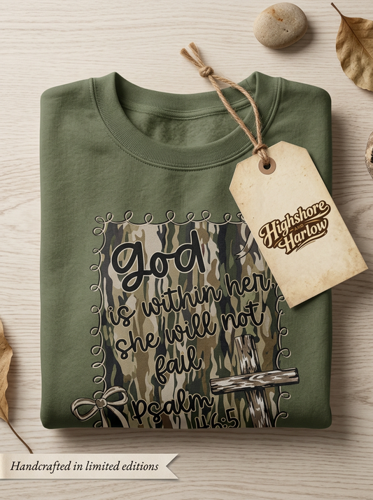 God Is Within Her Camo - Crew Neck In Military Green