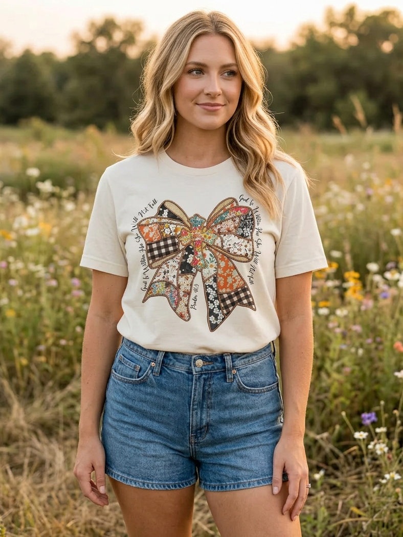 God is Within Her She Will Not Fall Faux Embroidery Patchwork Bow - Short Sleeve Tee in Natural