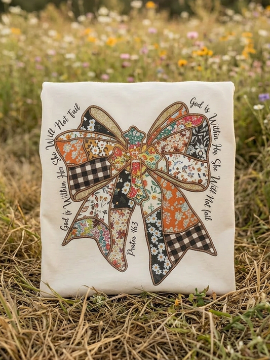 God is Within Her She Will Not Fall Faux Embroidery Patchwork Bow - Short Sleeve Tee in Natural