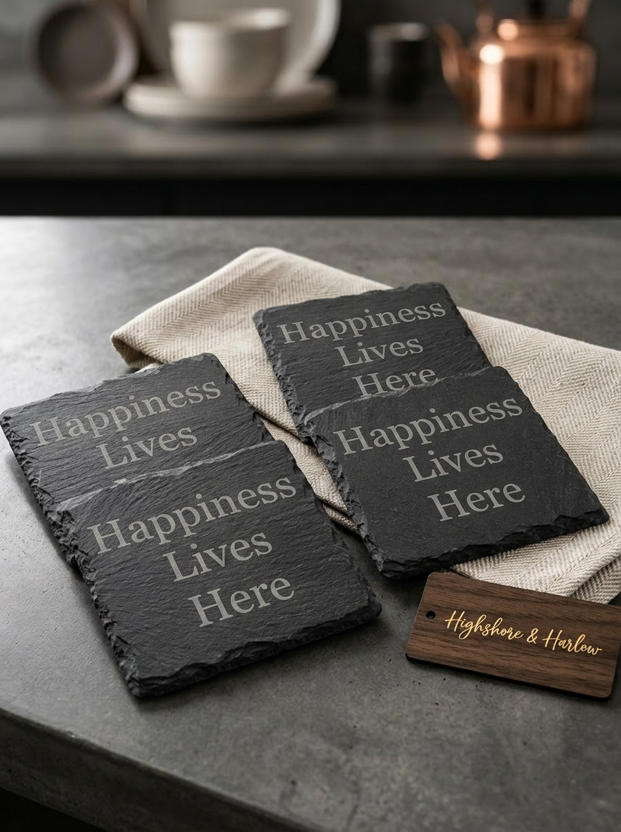 Happiness Lives Here - 4 Piece Slate Coaster Set
