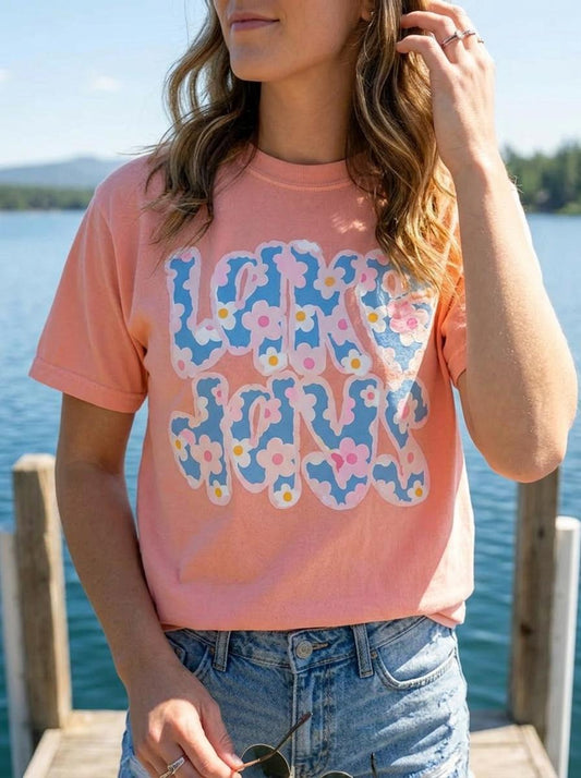 Floral Patch "Lake Days" Tee – Wavy Font Summer Shirt