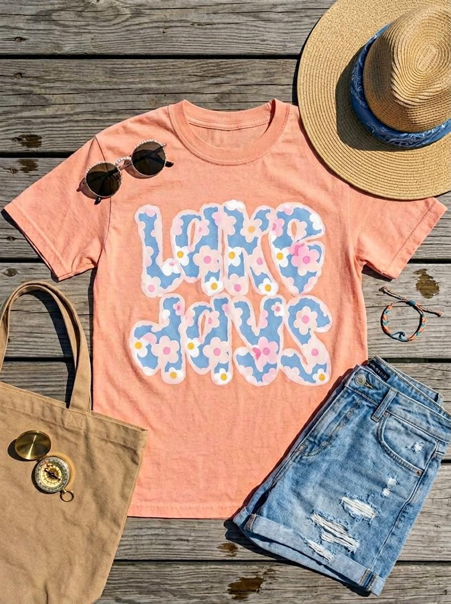 Floral Patch "Lake Days" Tee – Wavy Font Summer Shirt