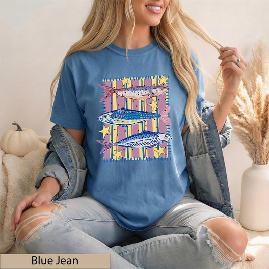 Preppy Fish Trio Comfort Colors Tee, Coastal Pastel Striped Tshirt, Summer Beach Wear