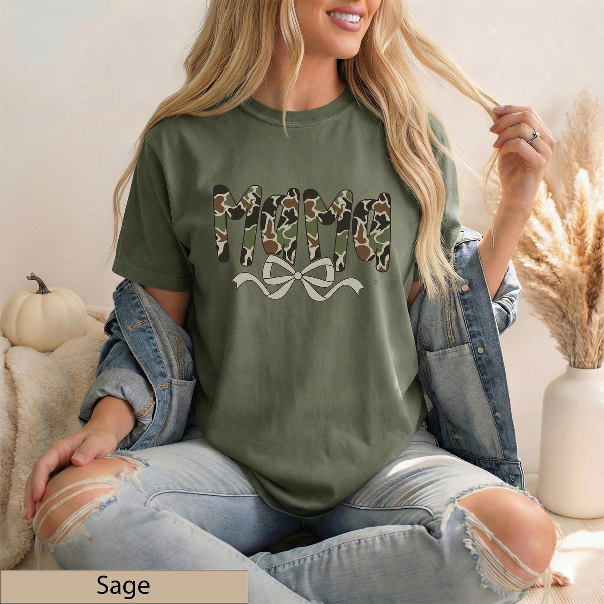 Mama Camo Bow Graphic Tee, Vintage Brown Cotton T-Shirt, Southern Style Top