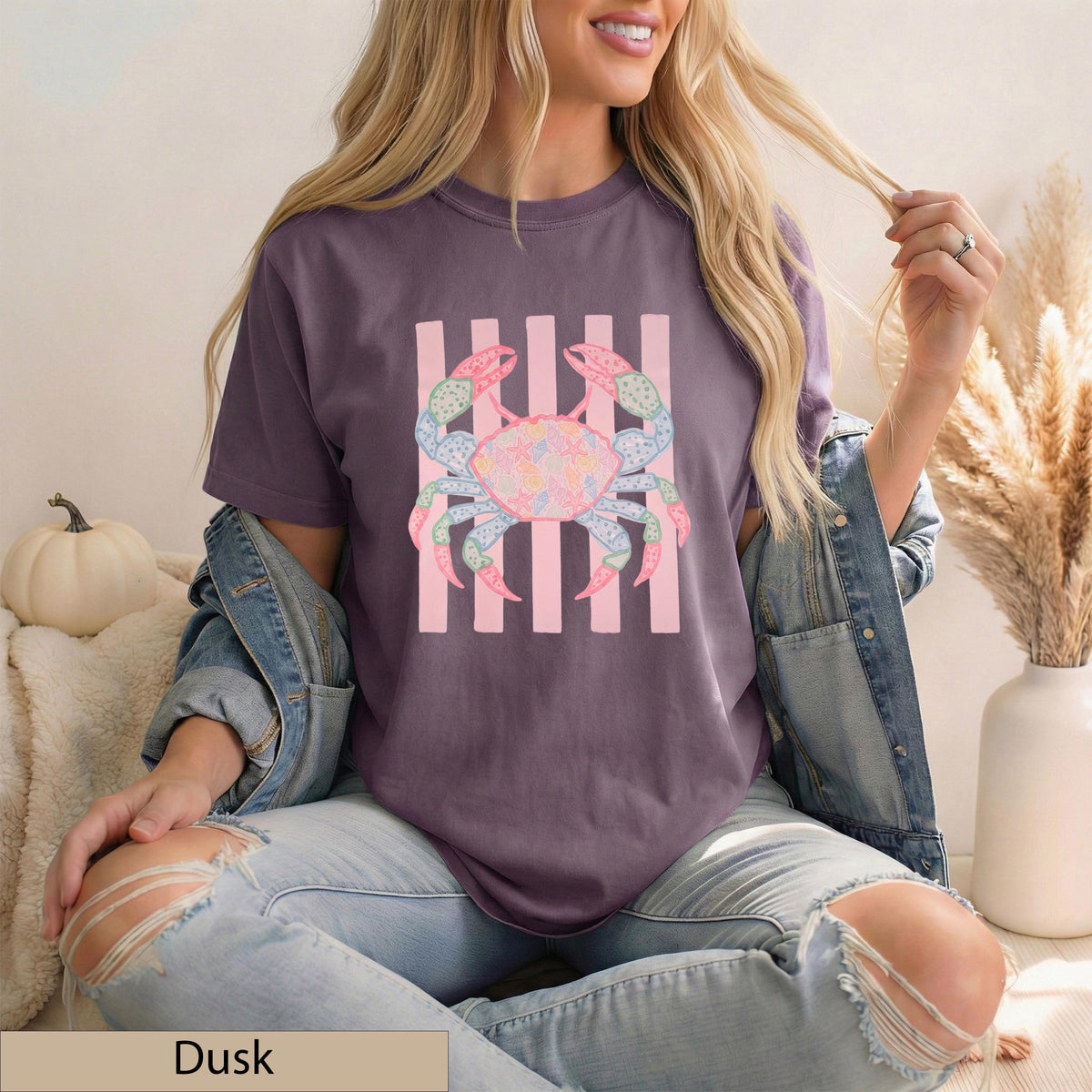 Preppy Coastal Crab Graphic Tee, Shell Starfish Patchwork, Pastel Pink Stripes, Summer Beach Shirt
