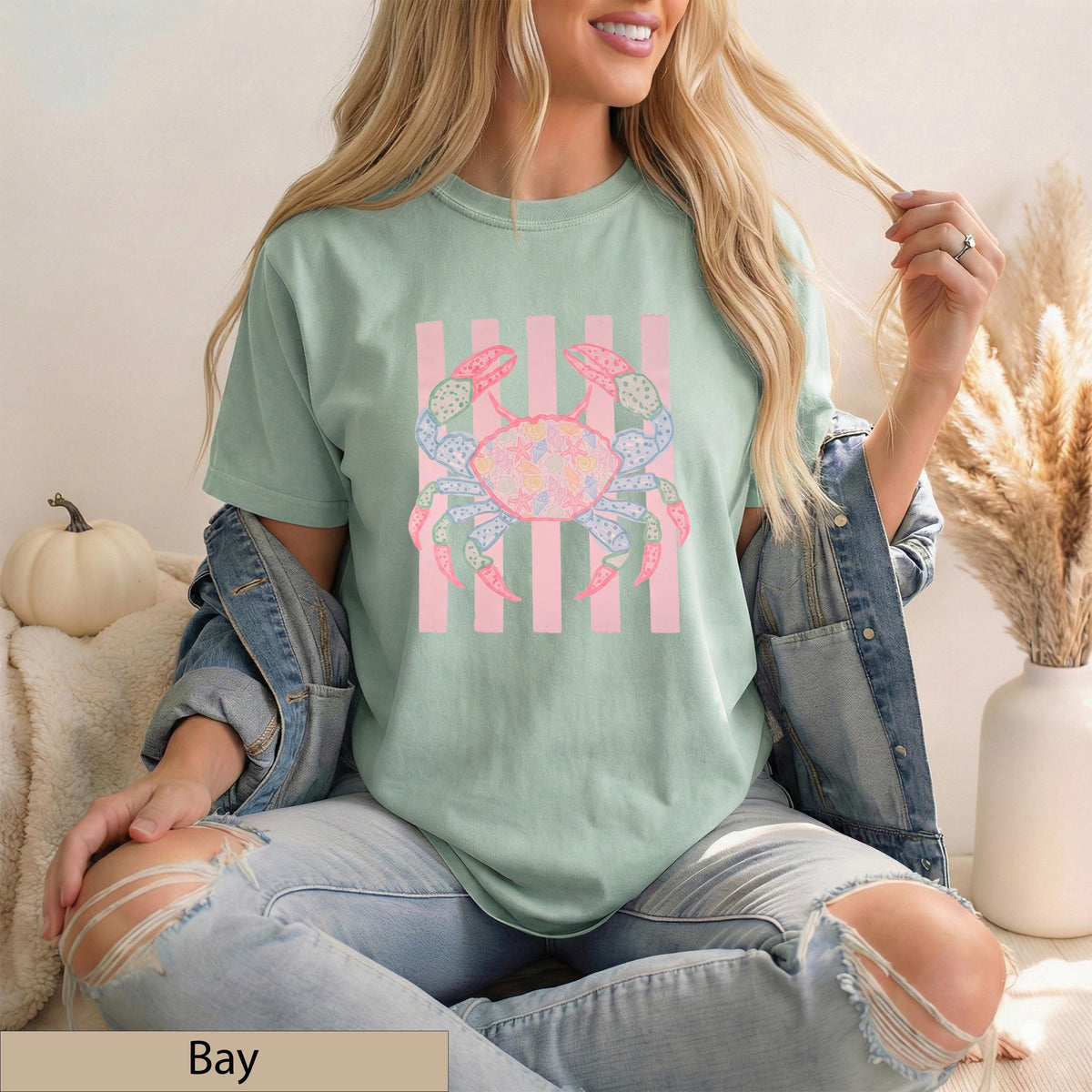 Preppy Coastal Crab Graphic Tee, Shell Starfish Patchwork, Pastel Pink Stripes, Summer Beach Shirt